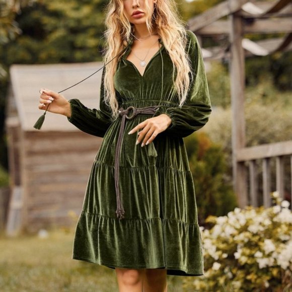 . Dresses & Skirts - Green OliveBoho Tie Neck detail Lantern Sleeved Velvet Cottagecore Dress